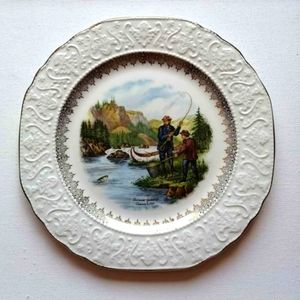 Vintage Wood&Sons Decorative Plate Salmon Fishing Embossed (# 4)